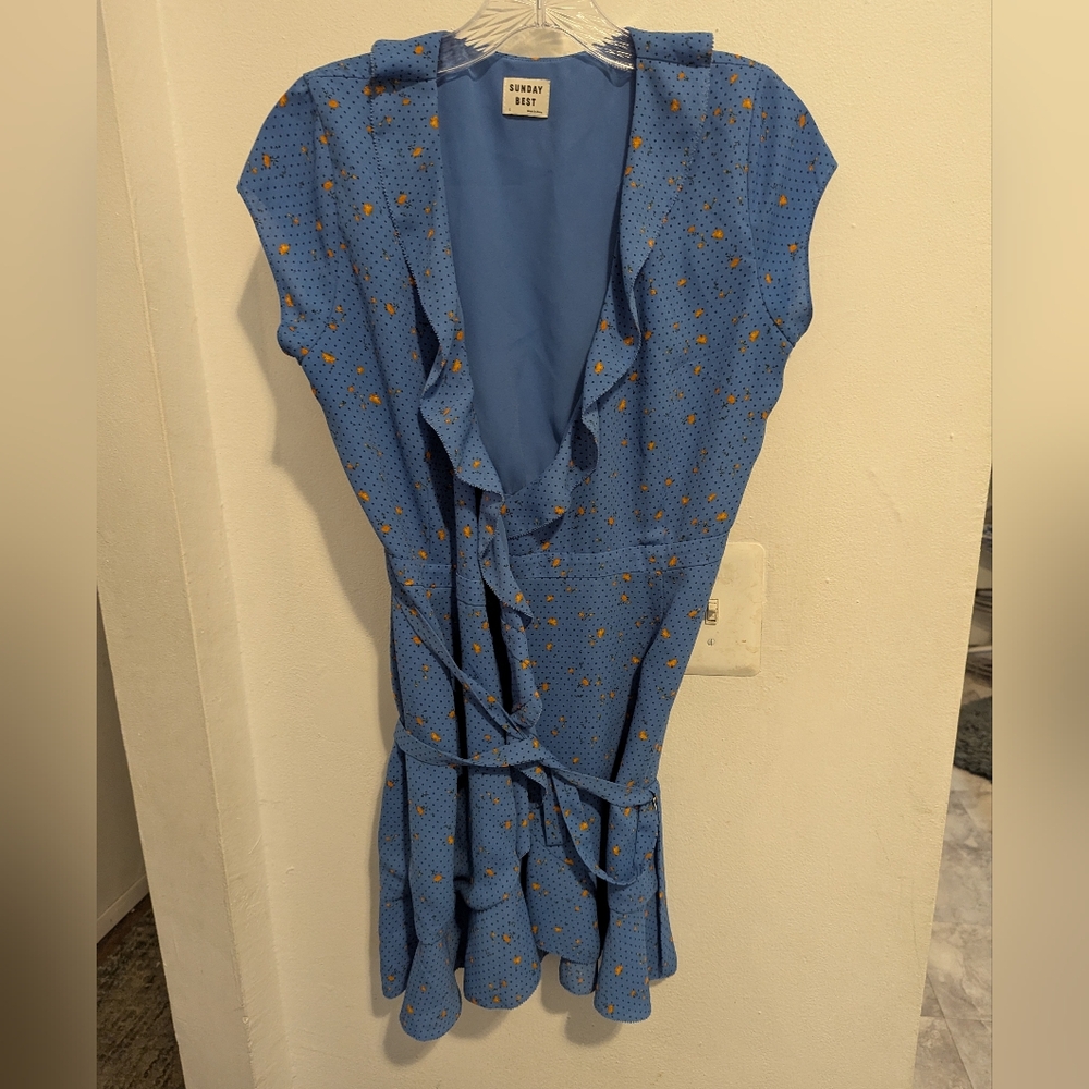 Aritzia Blue Ruffled Wrap Dress with Floral Pattern-Small